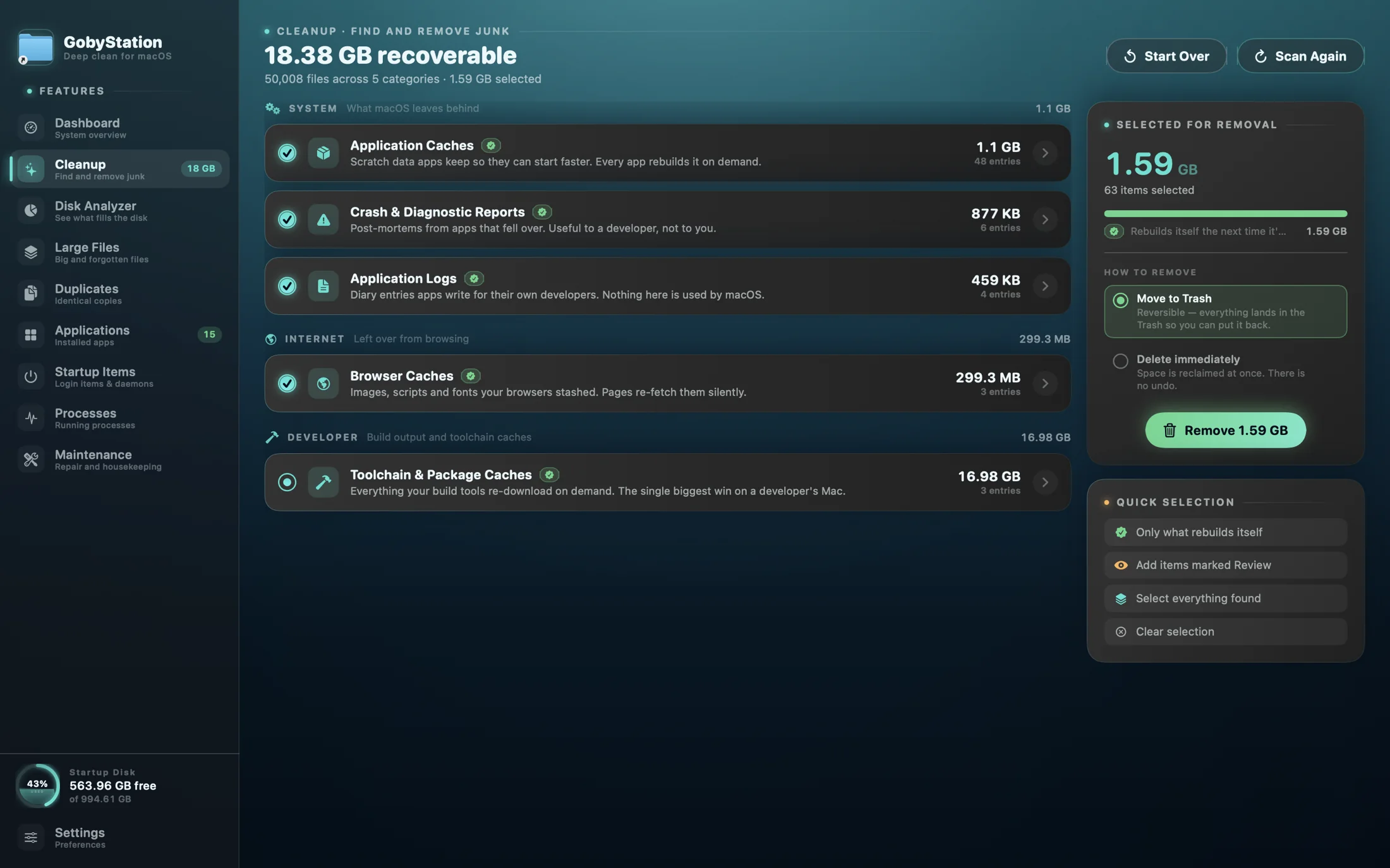 The Cleanup deck listing categories such as Application Caches, Application Logs and Toolchain & Package Caches, each with a size, an entry count and a risk badge, beside a panel showing 1.59 GB selected for removal with Move to Trash chosen.