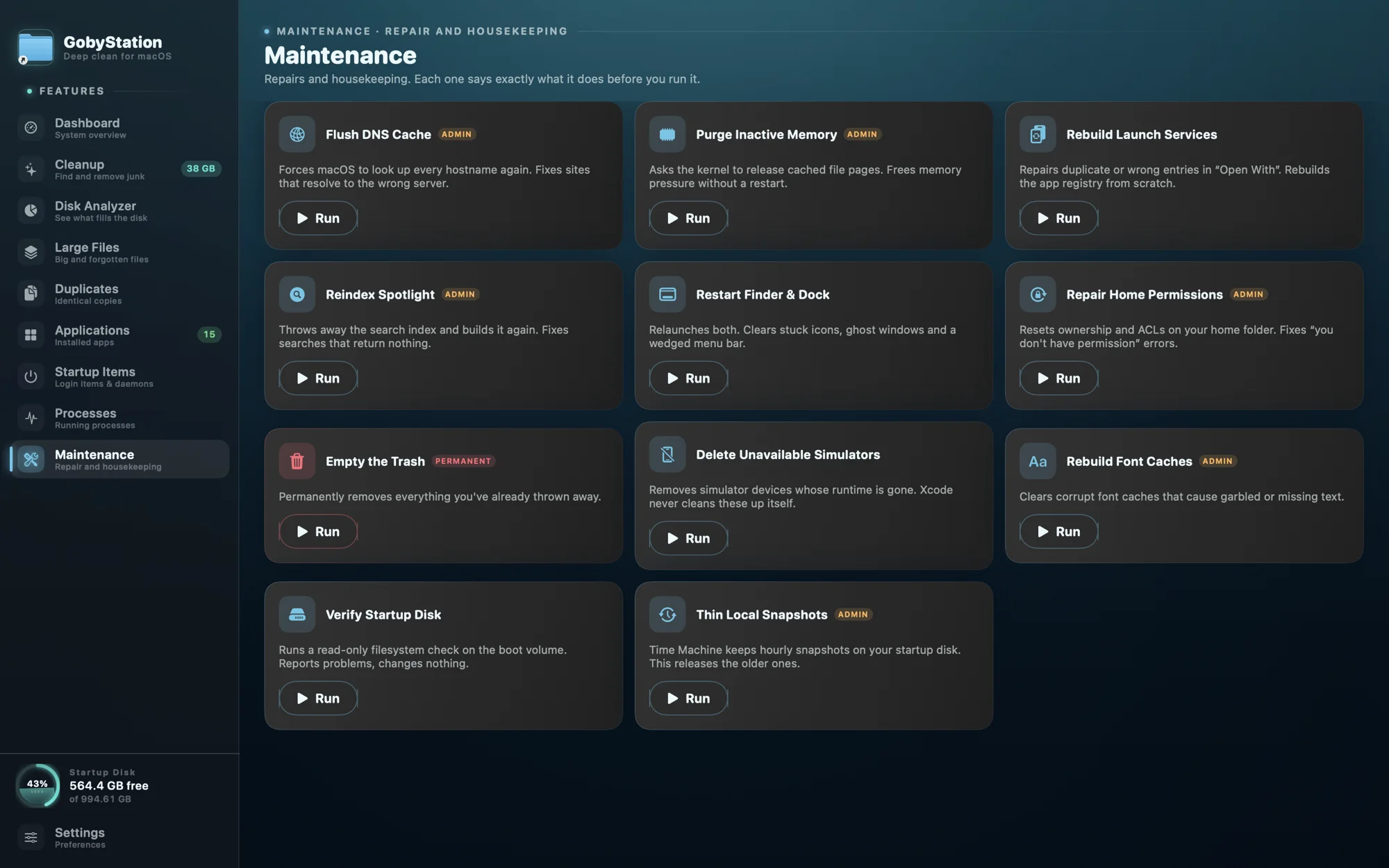 The Maintenance deck: a grid of one-shot jobs such as Flush DNS Cache, Purge Inactive Memory, Rebuild Launch Services, Reindex Spotlight, Restart Finder & Dock, Repair Home Permissions, Verify Startup Disk and Thin Local Snapshots, each with a short explanation and a Run button.