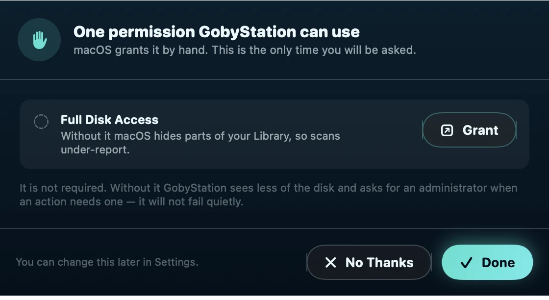 GobyStation's first-launch sheet: one permission GobyStation can use — Full Disk Access — with a Grant button, and a note that it is not required.